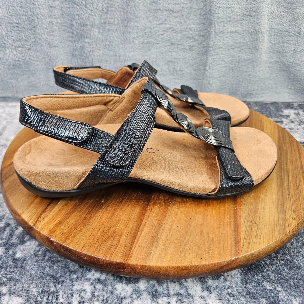 Vionic Farra II Sandals Womens 7 Black Silver Woven Leather Strappy Orthotic